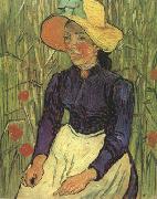 Vincent Van Gogh Young Peasant Woman with Straw Hat Sitting in the Wheat (nn04) Spain oil painting artist